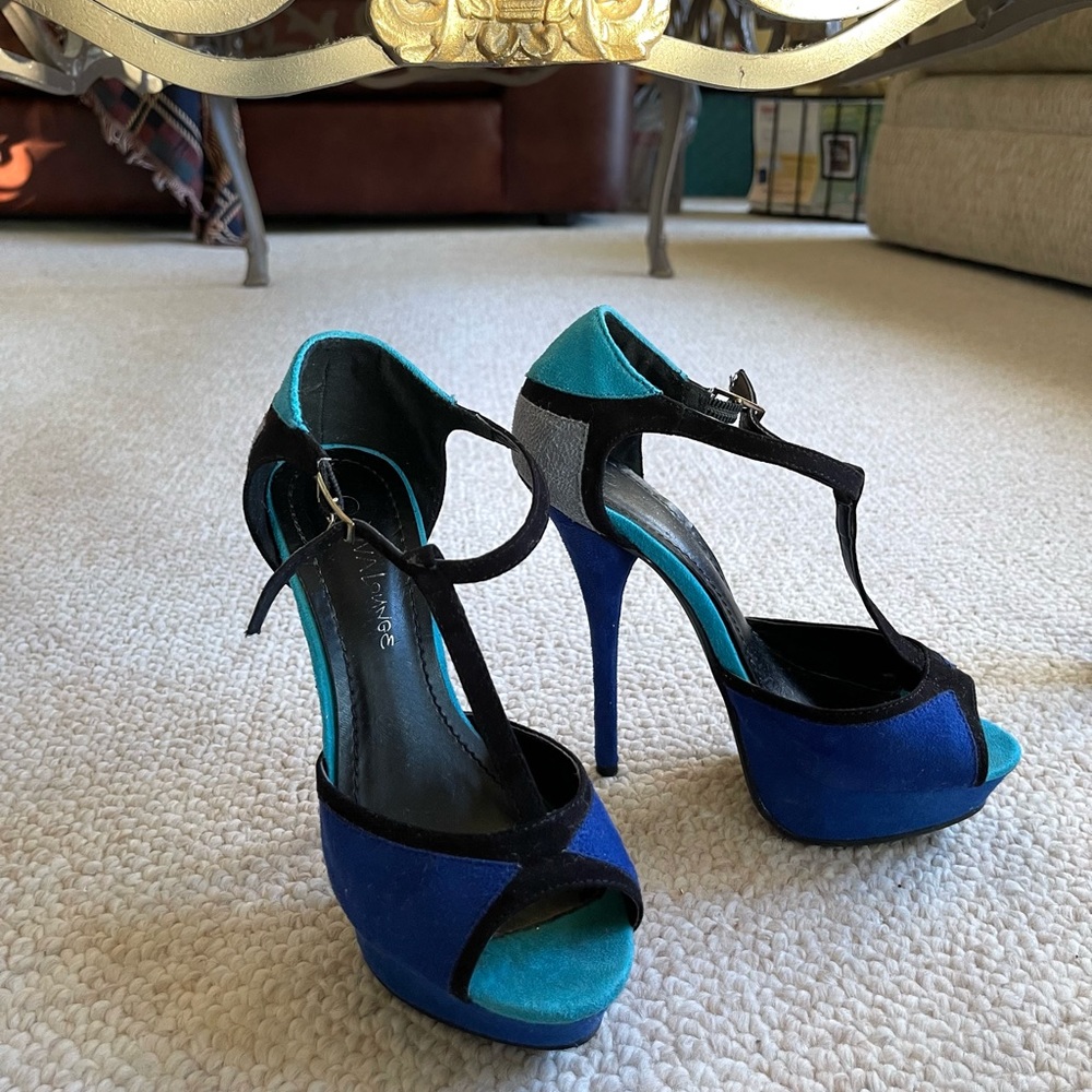 Blue, Grey, Black Velvet T-Strap Heels